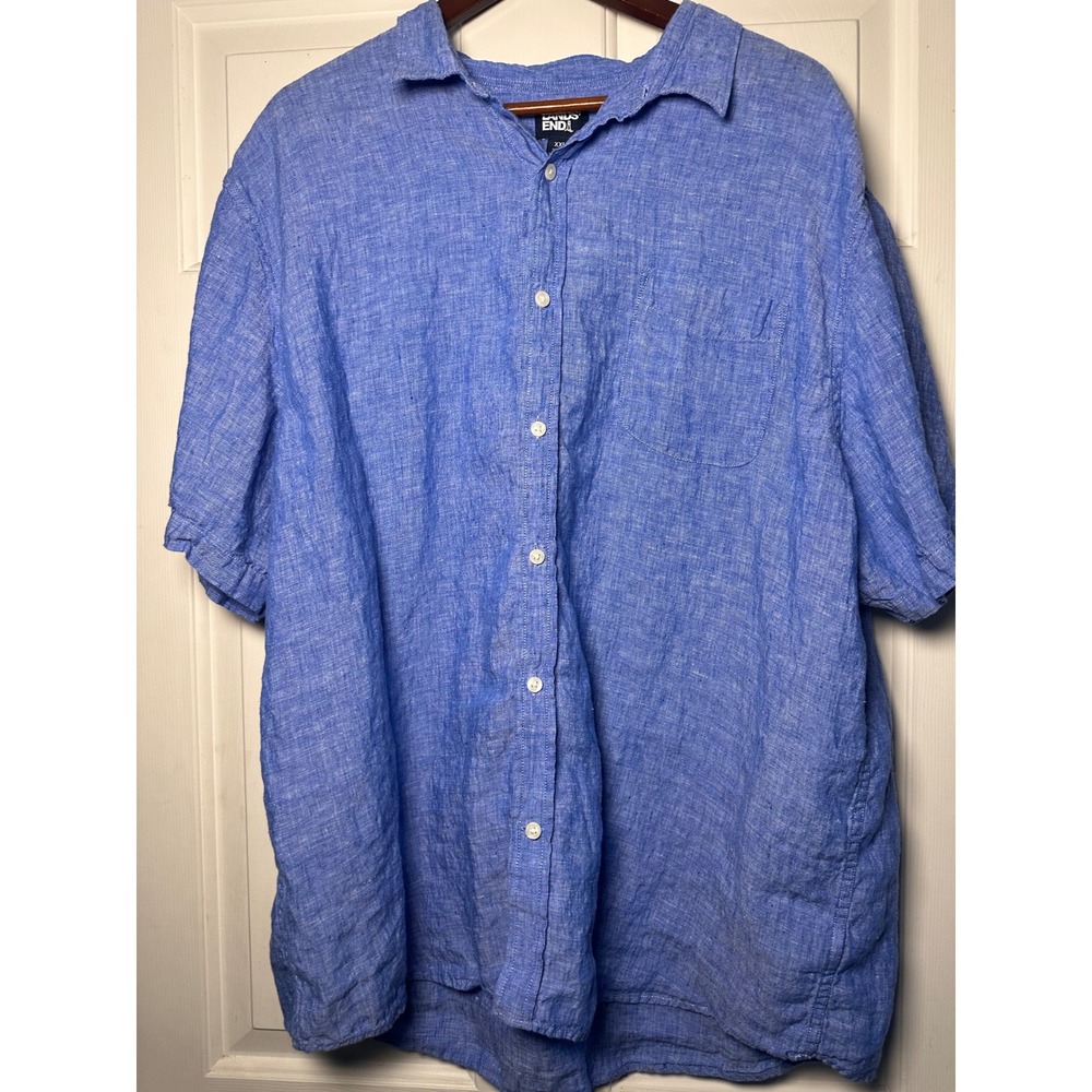 Lands' End Shirt Mens XXL‎ Blue Linen Traditional Fit Short Sleeve Button Up